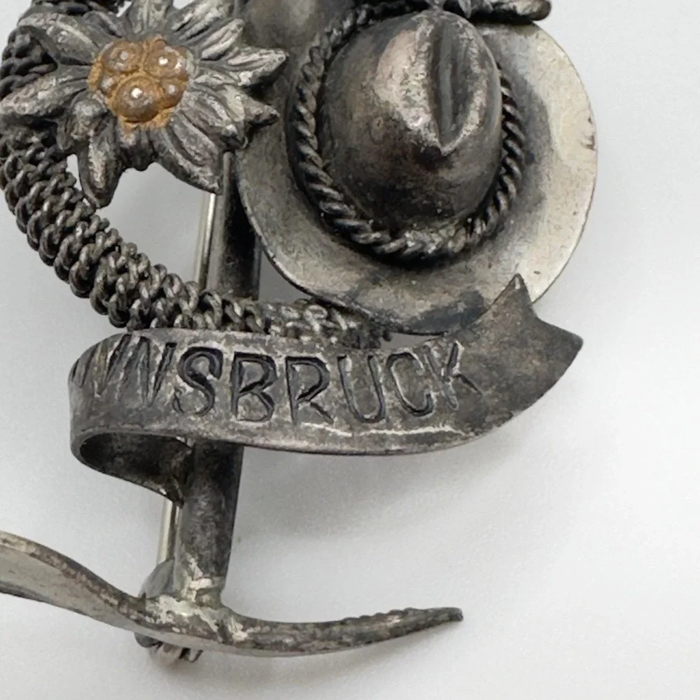 Vintage Innsbruck Austria Souvenir Brooch Edelweiss Hat Alpine Silver Tone 60s